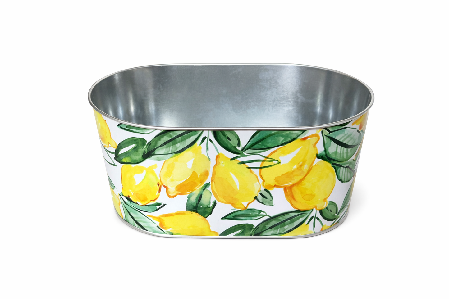 Dekorativ plantepotte med citronmotiv – oval metalpotte