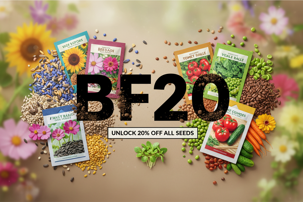 med blomsterfrø og grøntsagsfrø